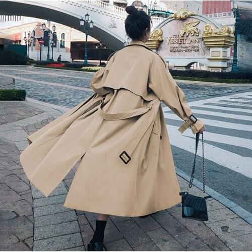 Loose Double Breasted All-Match Trench Coat Womens Windbreaker Khaki 2021 Spring Autumn New Fashion Lapel Mid-Length Korean