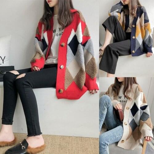 Women Puff Sleeve V-Neck Cardigan Rhombus Plaid Print Knit Sweater Long Outwear