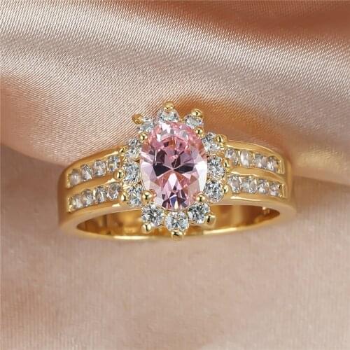 Luxury Female Pink Oval Crystal Stone Ring Yellow Gold Color Wedding Engagement Rings For Women Trendy Valentines Day Gift