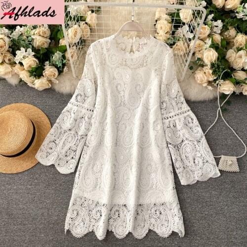 2021 Spring New Perspective Dress Long Sleeve Round Neck Hollow Out Lace Solid Color Women Elegant Mini Party Sexy Vestidos