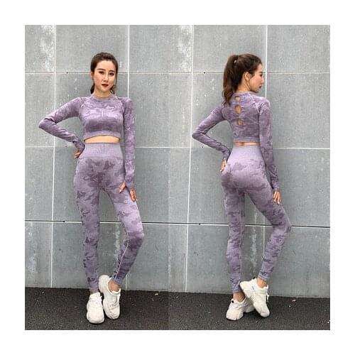 2PCS Camo Seamless Yoga Set Sportswear Women Fitness Clothing Booty Gym Leggings+Long Sleeve Crop Top Sport Suit Workout Clothes