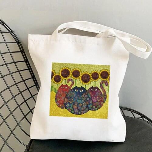 2021 Shopper Cats With Sunflowers Printed Tote Bag women Harajuku shopper handbag girl Shoulder shopping bag Lady Canvas Bag