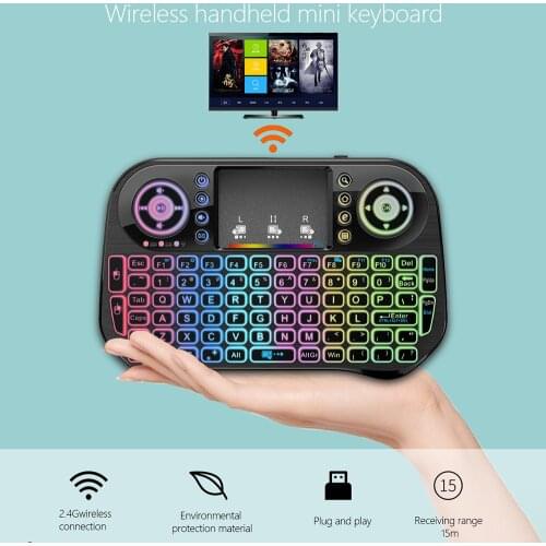 Backlit 2.4g Wireless Rechargeable Gaming Rgb Mini Touchpad Air Mouse Keyboard for Android TV BOX Laptop Pc T