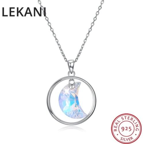 LEKANI Crystals From SWAROVSKI Moon Circle Pendant Necklaces Real S925 Silver Chain Collares Fine Jewelry For Women Gift 2018