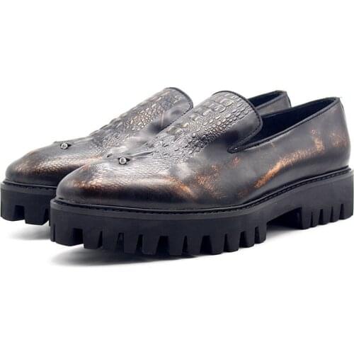 Cow Leather Formal Shoes Men Luxury Designer Brand Crocodile Leather Mens Shoes Social Slip On Platform Rhinestone Male Footwear