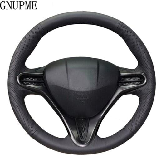 GNUPME DIY Artificial Leather Steering Cover Hand-Stitched Black Car Steering Wheel Cover for Honda Fit 2009-2013 City Jazz