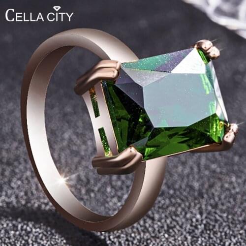 Cellacity Classic Rectangle Emerald Ring for Women Gemstones Silver 925 Jewelry Rose Gold Color Anniversary Femal Gift Size 6-10