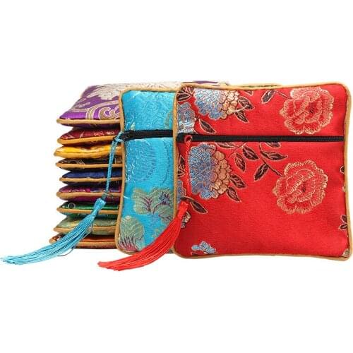 Small Zipper Coin Pouch Chinese Silk Jewelry Bracelet Pouch Birthday Party Gift Bags Tassel Travel Women Mini Bag 10pcs/lot