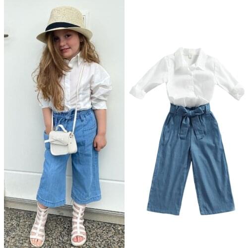 Fashion Kids Girls 1-6Y 2pcs Sets Long Sleeve White Blouse Shirt Wide Leg Denim Pant Trouser Spring Autumn Clothes
