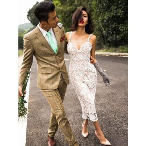 Simple Sexy Lace Beach Wedding Dresses Spaghetti Straps Full Lace Sheath Tea Length Bridal Gown Custom Made