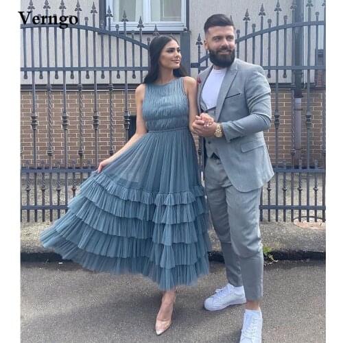 Verngo Dusty Blue Tulle Draped A Line Evening Dresses Ruffles Tiered Skirt O-neck Vintage Prom Gowns Ankle Length Formal Dress