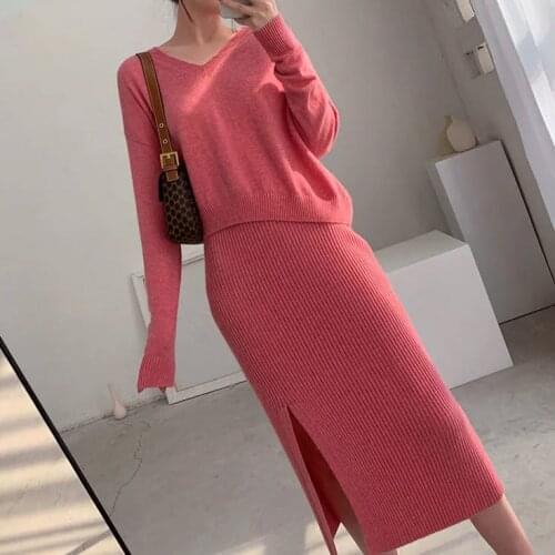 WTIANYUW 2021 New Euripean High Fashion Womens Knittion Pink Pullover Sweater+Korean Knitted Skirt Two Piece Set