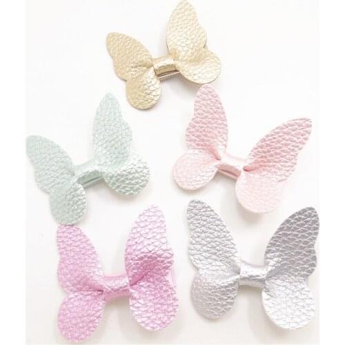 15pcs/lot 5.5cm Artificial Leather Butterfly Hair Clips Gold Silver Girls Garden Party Barrette Non Slip Sparkly Sweet Hairpin