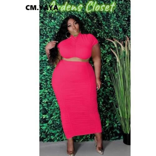 CM.YAYA Women Plus Size XL-5XL Set Solid Short Sleeve Crop Tops Sheath Elastic Full Length Skirts Matching Sets Summer Outfits