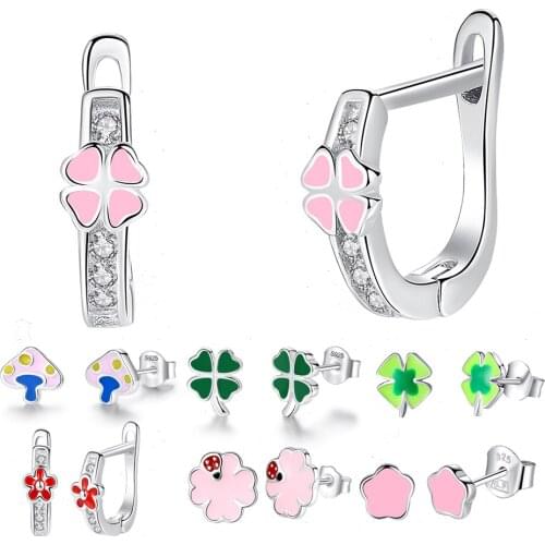 925 Sterling Silver Stud Earrings Enamel Lovely Four Leaf Clover Heart Flower Crystal Earrings For Girls Kids Children Jewelry