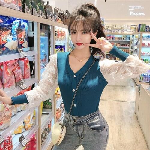 Lace Long Sleeve V-Neck Cardigan Sweater Women 2021Autumn Winter New Korean Fashion All-Match Short Knitting Sweater Coat Female