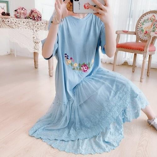 Summer Women Mori Girl Fresh Casual Loose Embroidery Lace Patchwork Midi Korean Sweet Cotton Long Dress 2020