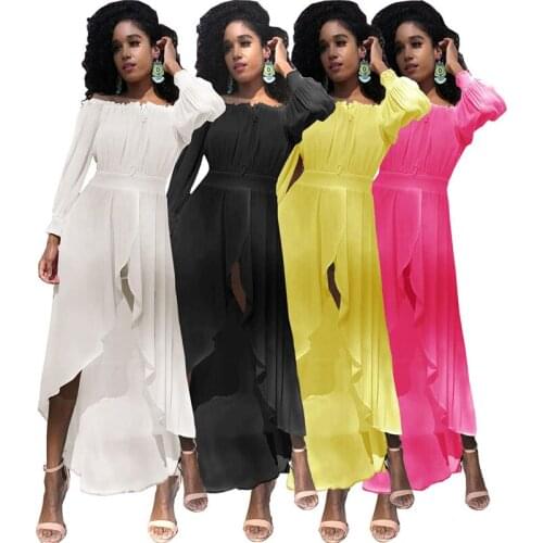 2021 Summer New Fashin Women Chiffon Dress Off The Shoulder Solid Long Sleeve Ruffle Design Irregular Hem Split Maxi Dress