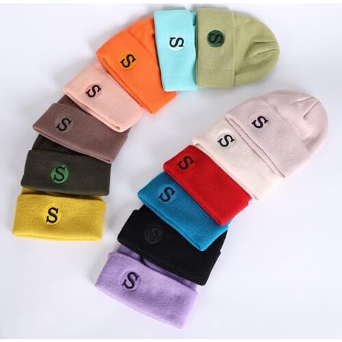 Winter Knitted Cap S Embroidery Unisex Hat Acrylic Beanie Solid Autumn Breathable For Adult Men Warm Casual Lady Skullcap Soft