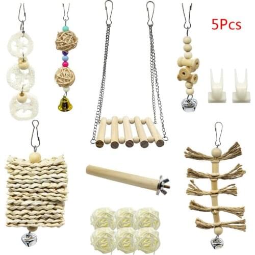 15Pcs/Set Pet Parrot Wooden Swing Chewing Toys Hanging Bell Stand Perch Training Entertainment for Small Parakeets