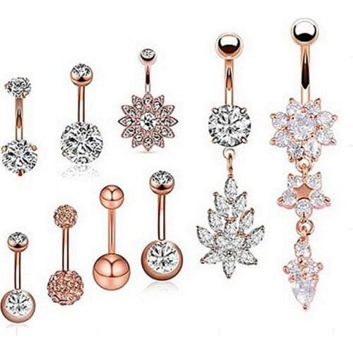 9PCS/Set 2019 New Surgical Steel Dangle Navel Rings Crystal Navel Bars Rose Gold Belly Button Ring Navel Piercing Jewelry