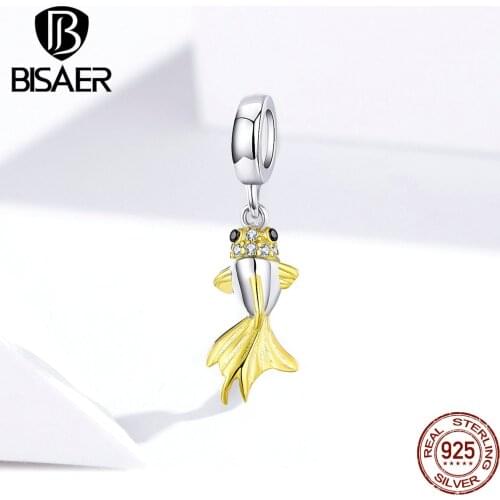 BISAER Hot Sale Authentic 925 Sterling Silver Koi Shape Charms Lucky Koi Beads fit DIY Bracelets Silver 925 Jewelry EFC127