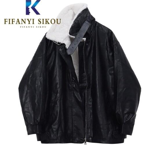 Winter Women Black Leather Jacket Thick Warm Lambswool Jackets Zipper Sashes Fashion Biker Coat Loose Soft PU Leather Jacket