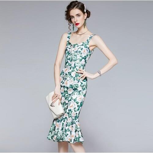 Menahem Runway Green Floral Print Party Dress Sexy Spaghetti Strap Ruched V Neck Backless Bodycon Evening Mermaid Summer Vestido