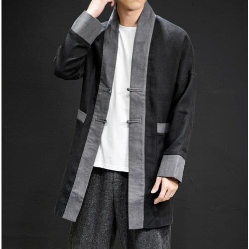 Kimono Jacket Men 2019 Cotton Jacket China Style Frog Closure Button Kongfu Coat Male Loose Parchwork Cardigan Overcoat KK3256