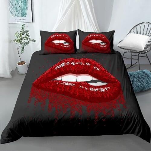 Red Lips Duvet Cover Love Bedding Set Sexy Comforter Cover Set 3D Kiss Marks Bedding Duvet Cover with 1/2 Pillow Cases