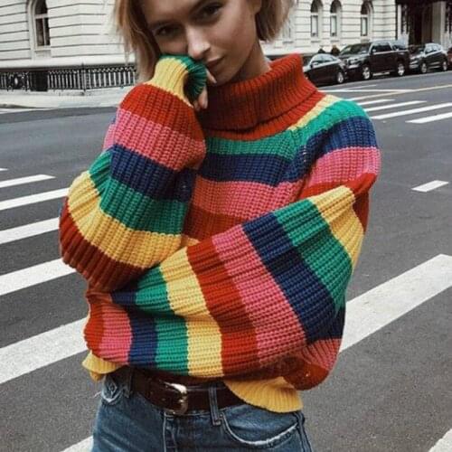 Autumn Rainbow Pullovers Turtleneck Hit Colors Striped Sweaters Loose Hand Knitted Shirts Long Lantern Sleeved Oversize Tops New