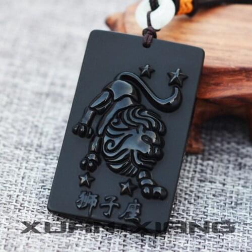 Pendant Necklace Natural Black Obsidian 12 Constellations Pendant Leo Pendants Gift for Men Women Fashion Jade Stone Jewelry