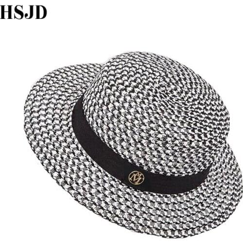 M mark Flat Top Straw Hats Female Mixed Color Beach Hat Lady Boater sun caps M panama straw fedora womens cap snapback gorras