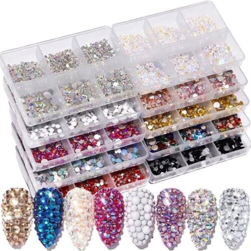 6Grids/Box Crystal Glass Nail Art Rhinestone Gold Silver AB Clear 13Colors Opal Flatback Gems DIY Stone Nail 3D Decorations V-9K