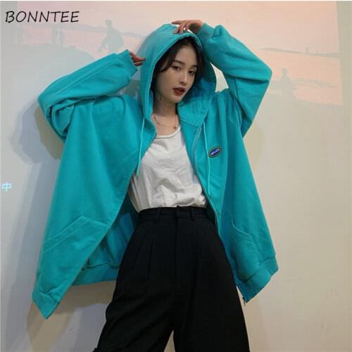 Women Hoodies Thickening Solid Zip-up Long Sleeve Simple Outwear College Students Oversize Soft Casual Trendy All-match Females