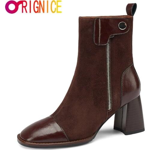 Orignice Ladies Sheep Suede Ankle Boots Zip Chunky High Heel Square Toe Women Autumn Winter Elegant Fashion Wild Shoes Wine Red