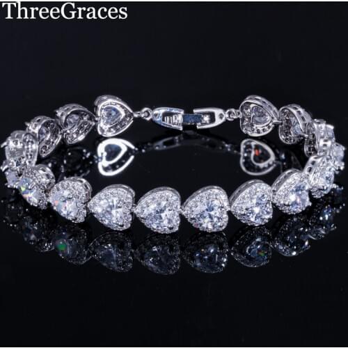 ThreeGraces Romantic Wedding Costume Jewelry Sparkling Cubic Zircon Sweet Heart Bridal Bracelets Bangles For Women BR068