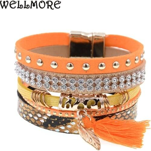 Orange leather bracelet tassel leaf charm bracelets magnet buckle Bohemian bracelets&bangles for women jewelry wholesale B1630