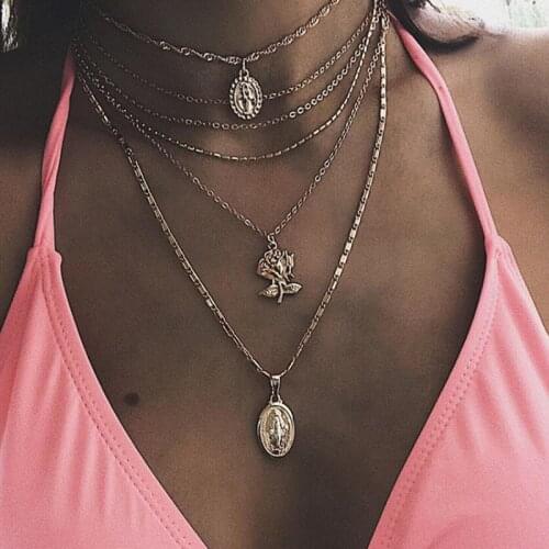 Tocona Vintage Gold Color Virgin Mary Rose Pendant Necklace for Women Punk Multilayer Metal Chain Choker Gothic Jewelry 9493