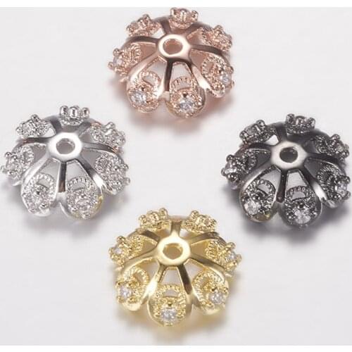 10pcs Brass Micro Pave Cubic Zirconia Flower Bead Caps for Jewelry Making DIY Bracelet Necklace Findings 12x4mm Hole: 1mm