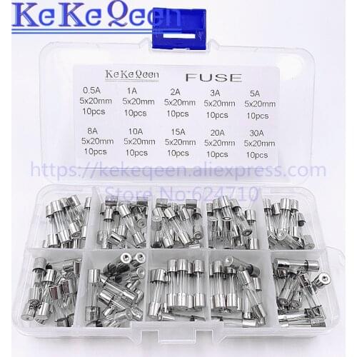 100pcs 5*20 Fast-blow Glass Tube Fuses Quick Blow Car Glass Tube Fuses Assorted Kit Amp 5X20 with Box Assortment Kit fusiveis