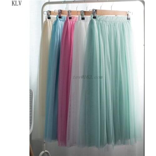 2020 Womens Lady High Waist Three Layer Sheer Mesh Pleated Tulle Midi Long Tutu Skirt Sweet Solid Candy Color Drape Swing Loose