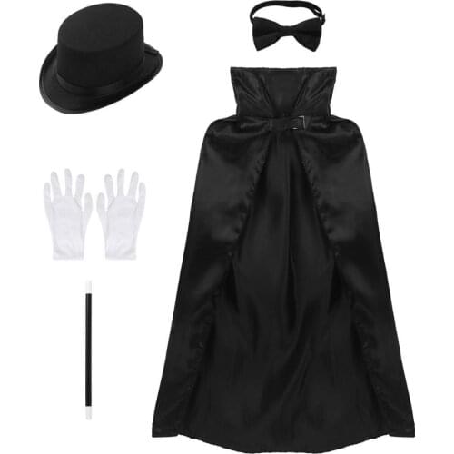 5Pcs Kids Soft Texture Magician Role Play Costume Outfit Cape Hat Magic Wand Gloves Necktie Set For Halloween Cosplay Dress Up