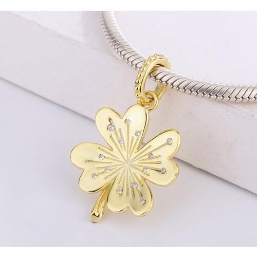925 Sterling Silver Shine Gold Plated Lucky Four-Leaf Clover Hanging Charm Beads Pendant Bracelet DIY Jewelry For Pandora