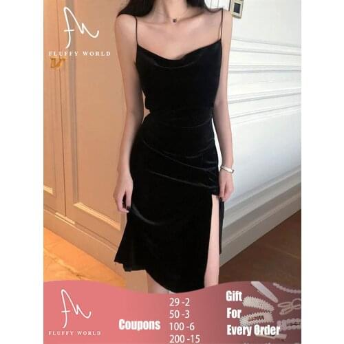 Velvet Elegant Sleeveless Slit Sexy Black Midi Dress Women Spaghetti Strap Party Dresses Female Fashion Length Vintage Dresses