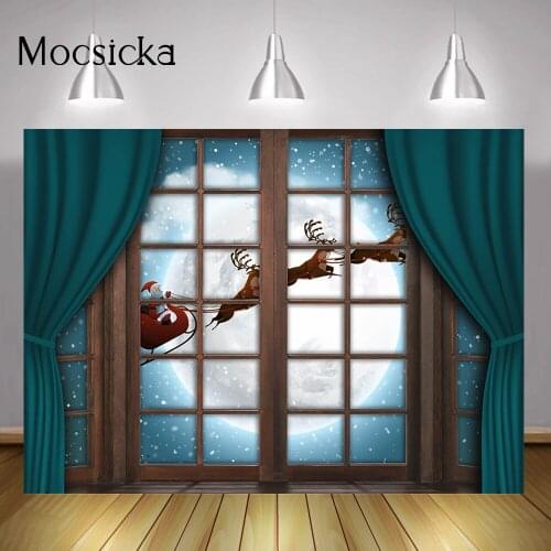 Window Christmas Night Background Snow Wonderland Big Full Moon Merry Xmas Party Backdrop Santa Claus Elk Winter Curtain Decor