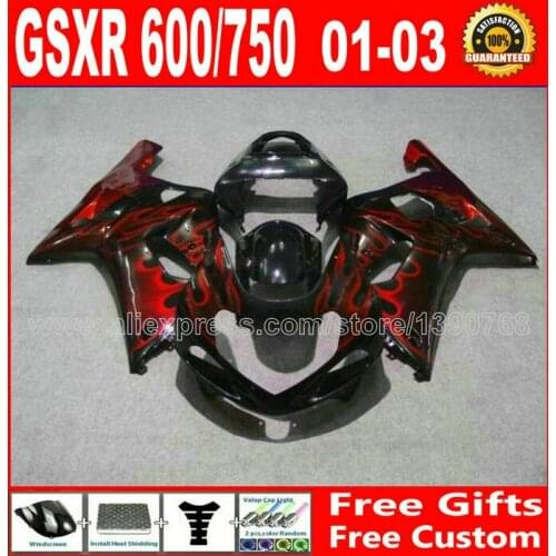 Hot sale Injection molded 7 gift fairing set for 2001- 2003 black red flames SUZUKI GSXR 600 750 K1 #UKG GSX R600 R750 01 02 03