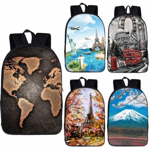 World map / London Landscape / Eiffel tower Backpack Men Women Rucksack Travel Bag Children School Bags For Teenager Backpack