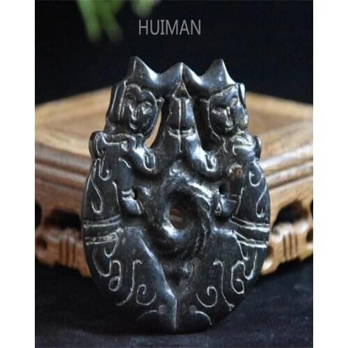 China Hongshan Culture Archaize Black Iron Meteorite Mermaid Bi Statue Handicraft Home Decoration