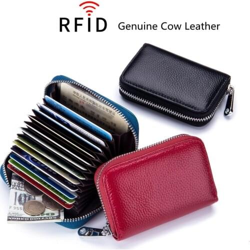 Unisex Zipper Genuine Cow Leather Card Holder Coin Purses RFID Short Clear Wallet Men Women Credit Card Holder